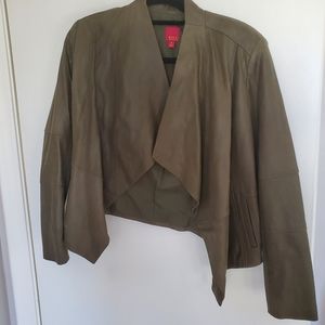 GILI Open Front Tonal Printed Leather Jacket Pockets Ivy Green A268395